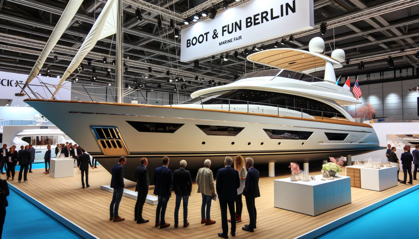 BOOT & FUN BERLIN 2023 - Ein Foto von einem luxuriösen Motorboot oder einer Segelyacht, die auf der BOOT & FUN BERLIN ausgestellt ist.